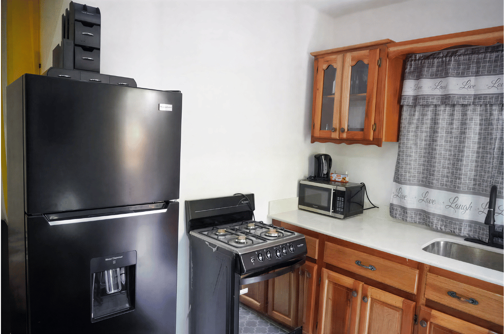 Fully equipped kitchen with stove, refrigerator, and microwave at Mountain Echo Suites in Montego Bay
