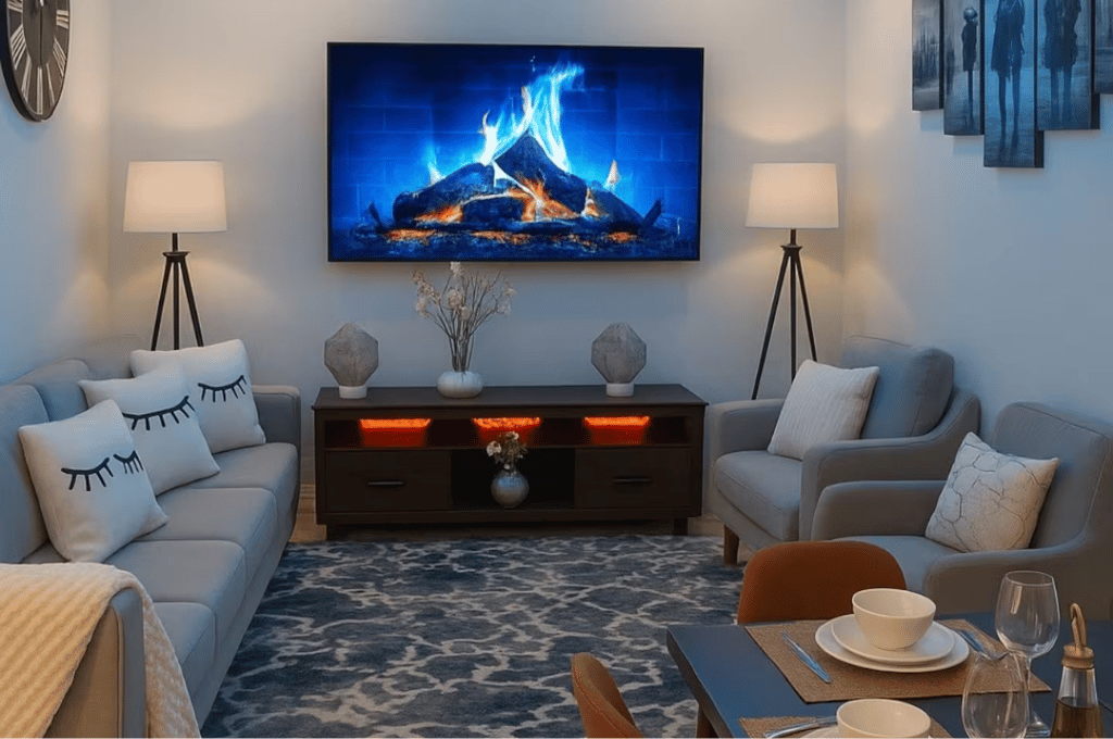 Living room at Serenity Dream featuring an electric fireplace, smart TV display, modern seating, and warm ambient lighting