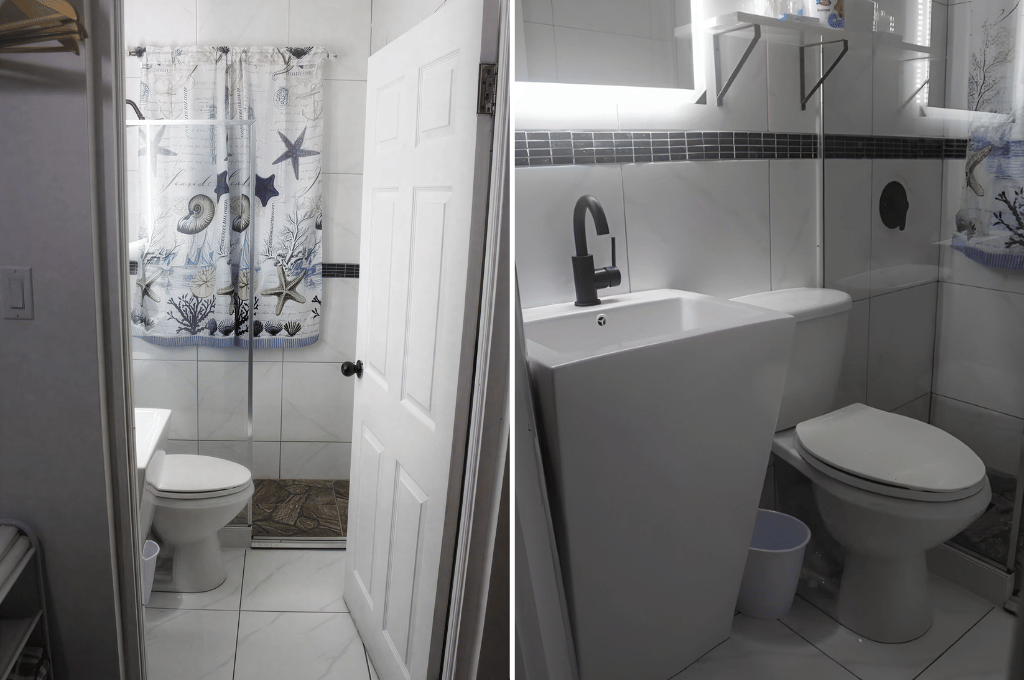 Modern bathroom with sink and shower area at Mountain Echo Suites in Montego Bay