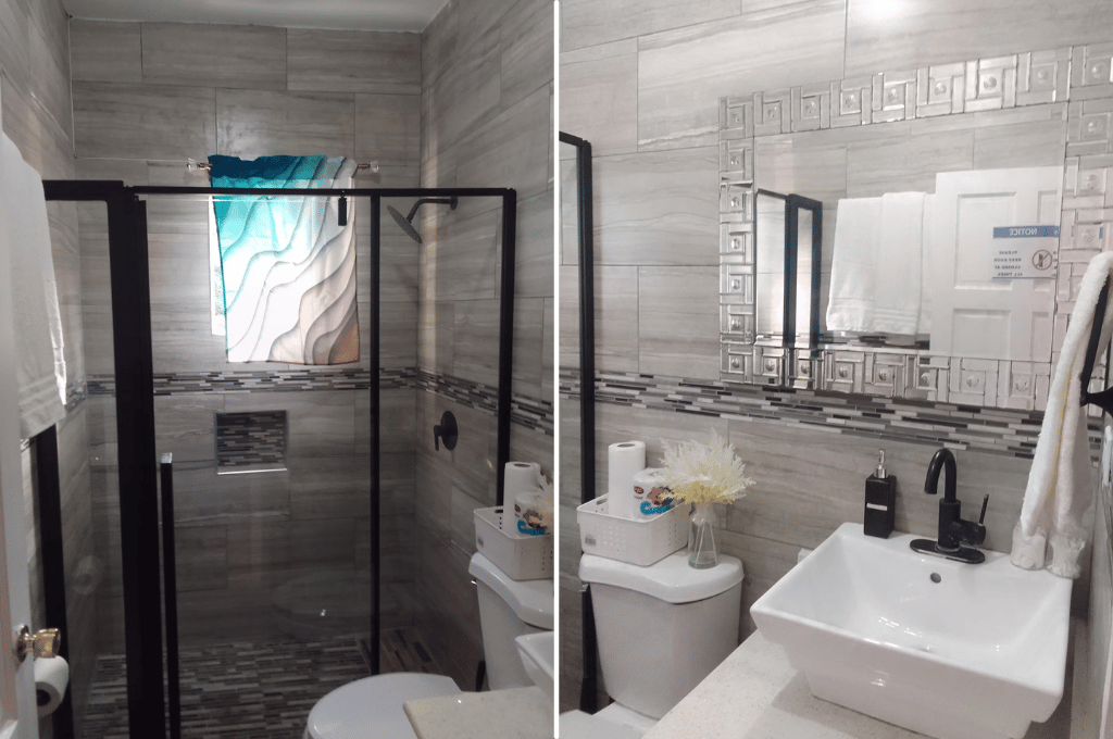 Contemporary bathroom featuring a walk-in glass shower, vanity, and modern fixtures at Serenity Dream