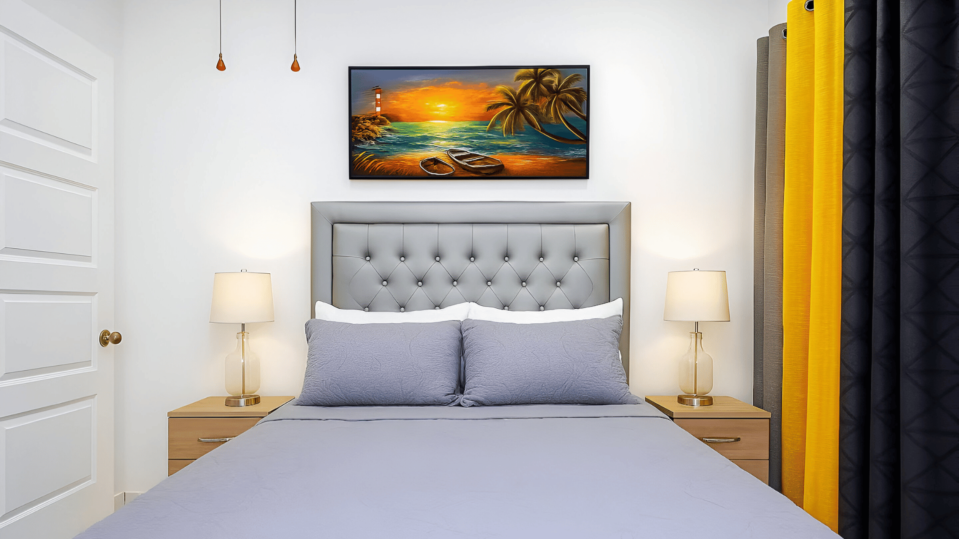 Cozy bedroom with tropical wall art and warm lighting at Serenity’s Hideaway in Montego Bay